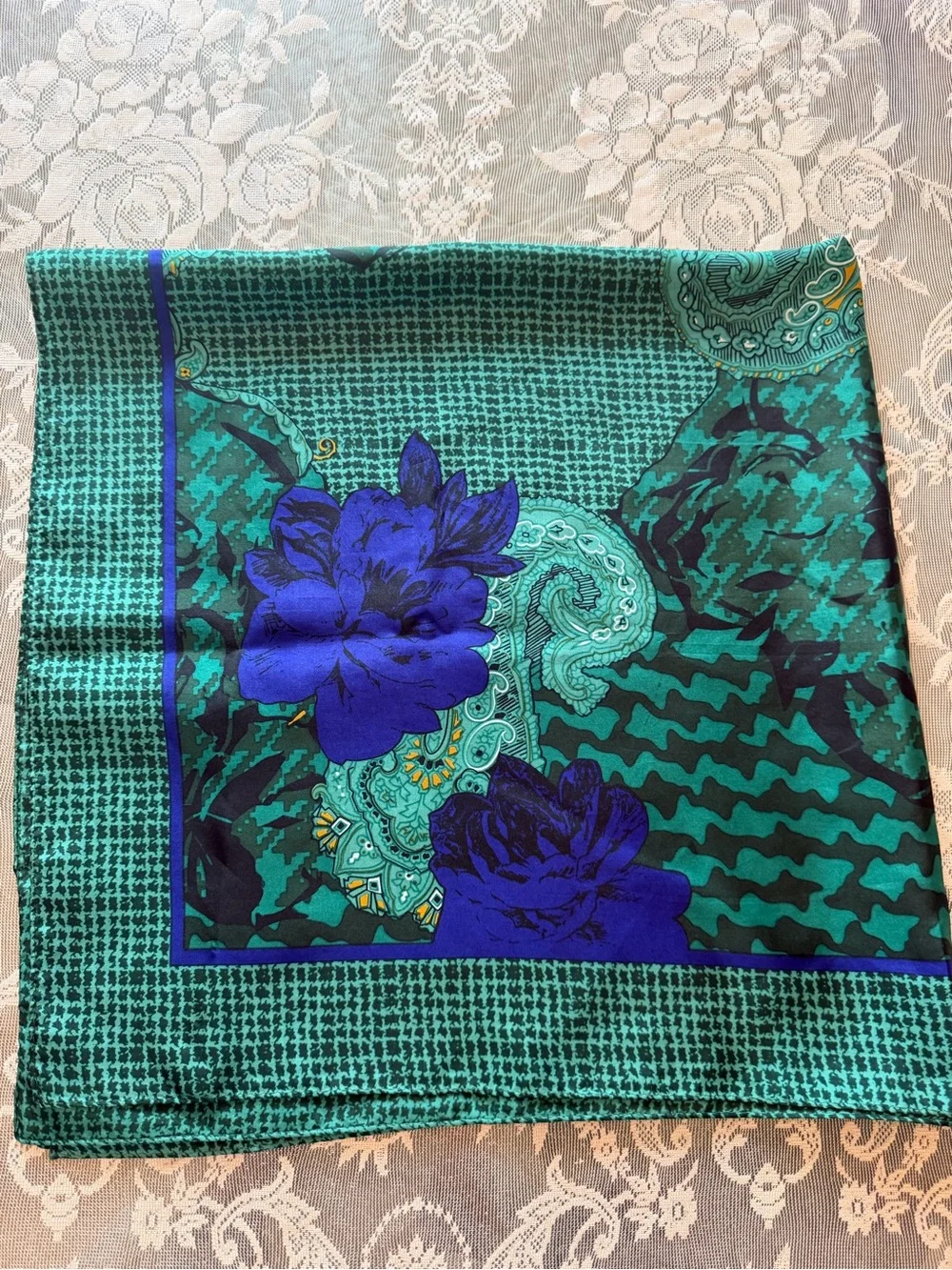 Vintage Dior Green and Blue Floral Paisley Silk Scarf